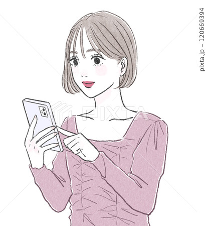 両手でスマートフォンを操作する笑顔の女性 両手でスマートフォンを操作する笑顔の女性 120669394