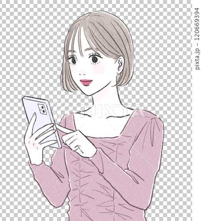 両手でスマートフォンを操作する笑顔の女性 両手でスマートフォンを操作する笑顔の女性 120669394