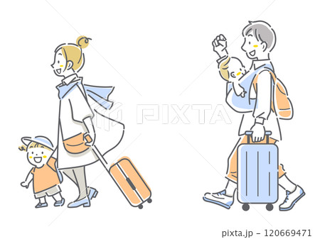 笑顔で旅行へ出発する若い家族　シンプルでお洒落な線画イラスト 120669471