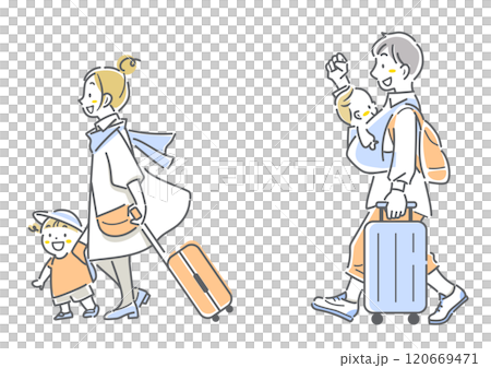 A young family leaving on a trip with smiles on their faces. Simple and stylish line drawing illustration 120669471