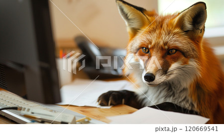 Cunning fox in business attire pretends to work in office setting with copy space for text placement 120669541