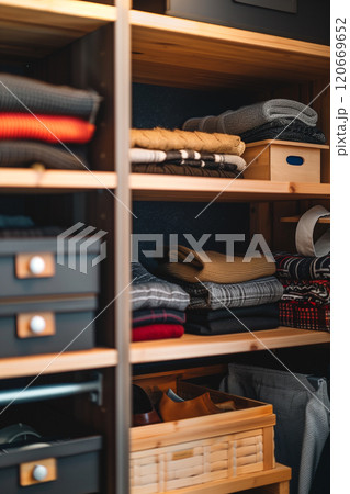 Spacious modern system storage organization wardrobe with boxes and containers 120669652