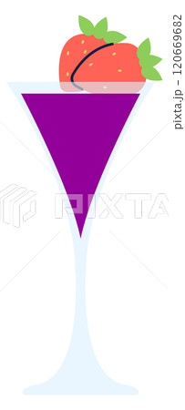 A glass of purple liquid with a strawberry on top 120669682