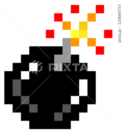 A black pixelated bomb with a red and yellow flame 120669733
