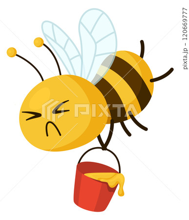 A cartoon bee is holding a bucket of honey and is looking down 120669777