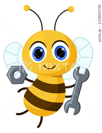 A cartoon bee holding a wrench A cartoon bee holding a wrench 120669786