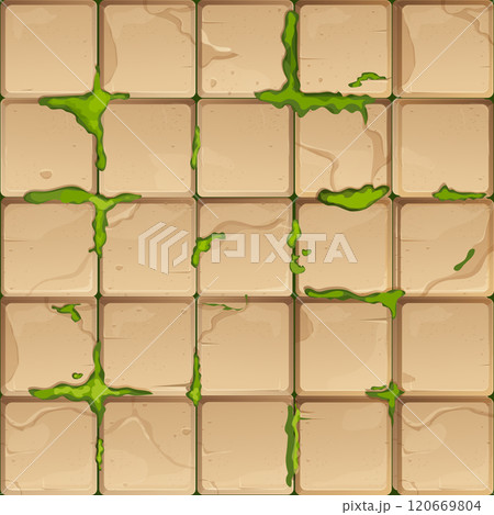 Stone brick with moss old game wall, medieval path, road seamless tile background. Green grass or textured moss, detailed cracked surface. 120669804
