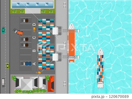 Top view of cargo port with cargo ship full of standard shipping containers. Top view of cargo port with cargo ship full of standard shipping containers. 120670089