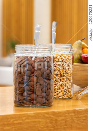Hotel Buffet Breakfast with Cereal Options jars Hotel Buffet Breakfast with Cereal Options jars 120670221