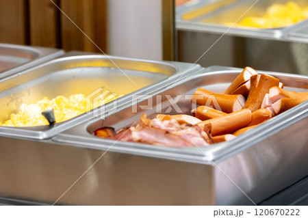 Breakfast Buffet Selection with Hot sausages 120670222