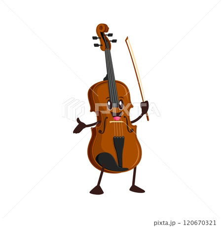 Cartoon funny violin character. Isolated vector musical string instrument, cute cello personage with smiling face and bow in hand playing classic music or promotes educational classes for kids 120670321