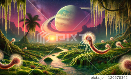 alien world, alien life flora and fauna 120670342