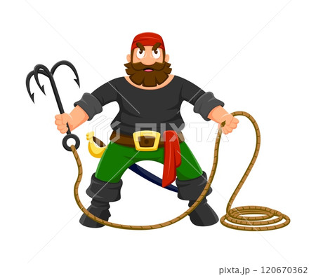 Cartoon pirate, corsair sailor funny character. Caribbean pirate sailor captain comical isolated vector character, filibuster boatswain personage or corsair bandit mascot with rope and boarding hook Cartoon pirate, corsair sailor funny character. Caribbean pirate sailor captain comical isolated vector character, filibuster boatswain personage or corsair bandit mascot with rope and boarding hook 120670362