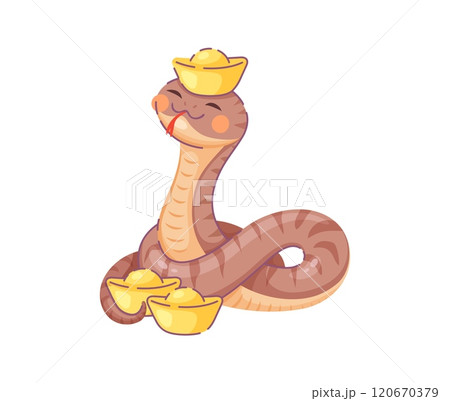 Cartoon snake character with golden ingots, symbol of the Chinese lunar year 2025. Cute reptile zodiac animal symbol with gold ingots and body is coiled in a loop representing prosperity and fortune Cartoon snake character with golden ingots, symbol of the Chinese lunar year 2025. Cute reptile zodiac animal symbol with gold ingots and body is coiled in a loop representing prosperity and fortune 120670379