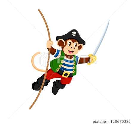 Cartoon monkey pirate and corsair animal character riding a rope with saber in its hand. Isolated vector jungle ape personage donning tricorn captain hat ready for high seas adventures and ship attack Cartoon monkey pirate and corsair animal character riding a rope with saber in its hand. Isolated vector jungle ape personage donning tricorn captain hat ready for high seas adventures and ship attack 120670383