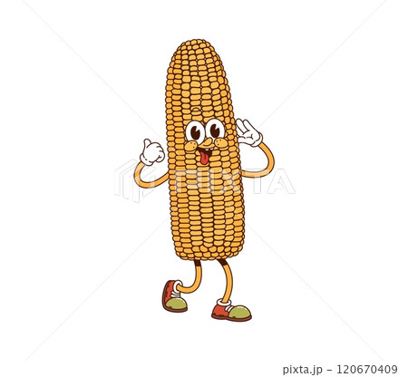 Cartoon groovy corn vegetable character. Isolated vector cheerful maize cob, farm vegetable grill personage with ripe kernels and joyful face expression, waving hands, ready for retro barbeque party Cartoon groovy corn vegetable character. Isolated vector cheerful maize cob, farm vegetable grill personage with ripe kernels and joyful face expression, waving hands, ready for retro barbeque party 120670409