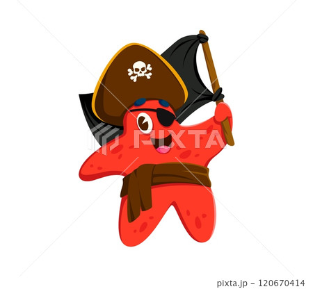 Cartoon starfish animal pirate or corsair character. Isolated vector underwater rover sporting tricorn hat and playful expression, happily holding black flag. Personage for children stories or games 120670414