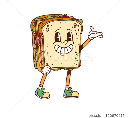 Cartoon groovy fast food sandwich character. Street menu snack cheerful funky character, cute 60s 70s cartoon isolated vector personage. Takeaway sandwich or fast food meal happy sliming mascot Cartoon groovy fast food sandwich character. Street menu snack cheerful funky character, cute 60s 70s cartoon isolated vector personage. Takeaway sandwich or fast food meal happy sliming mascot 120670415
