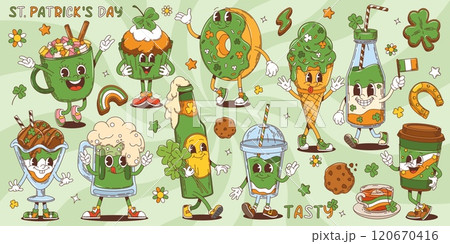 Cartoon groovy retro dessert and drink characters, Saint Patrick day holiday vector personages of pastry and sweets. Groovy green beer, coffee, cocktail and cake, trefoil clover and rainbow cookie 120670416