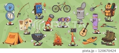 Retro cartoon groovy travel characters vector set. Camping and hiking items, compass, matches, binoculars and tent, bicycle, tin can, shovel or flashlight. Pot, campfire or axe, guitar, sleeping bag Retro cartoon groovy travel characters vector set. Camping and hiking items, compass, matches, binoculars and tent, bicycle, tin can, shovel or flashlight. Pot, campfire or axe, guitar, sleeping bag 120670424