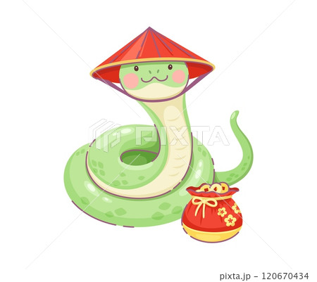 Cartoon snake character with traditional Asian conical hat sitting next to red bag symbolizing fortune, wealth and prosperity. Vector Chinese reptile representing friendly vibe of the 2025 lunar year Cartoon snake character with traditional Asian conical hat sitting next to red bag symbolizing fortune, wealth and prosperity. Vector Chinese reptile representing friendly vibe of the 2025 lunar year 120670434