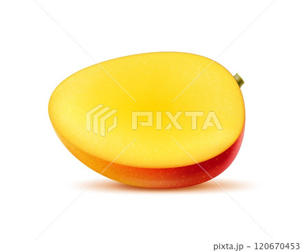 Realistic raw ripe tropical mango fruit half reveals golden seedless flesh, exuding sweet and tangy aroma. isolated 3d vector fruit with firm texture. Juicy and refreshing sweet summer dessert delight Realistic raw ripe tropical mango fruit half reveals golden seedless flesh, exuding sweet and tangy aroma. isolated 3d vector fruit with firm texture. Juicy and refreshing sweet summer dessert delight 120670453