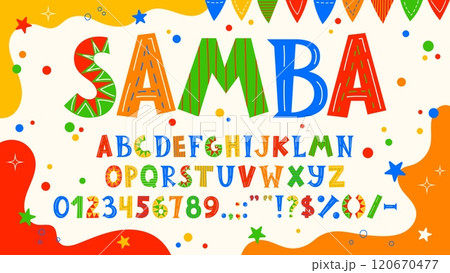 Circus font, doodle cute type, carnival typeface, kids funny english alphabet letters and numbers on confetti vector background. Funny color abc characters and symbols with circus carnival pattern Circus font, doodle cute type, carnival typeface, kids funny english alphabet letters and numbers on confetti vector background. Funny color abc characters and symbols with circus carnival pattern 120670477