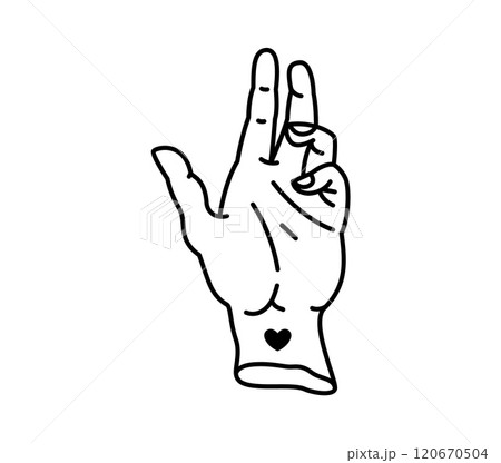 Y2k line art hand making a symbolic gesture with a small heart tattoo on the wrist. Isolated vector black and white linear human palm, symbol for gothic culture or tattoo inspired themes 120670504