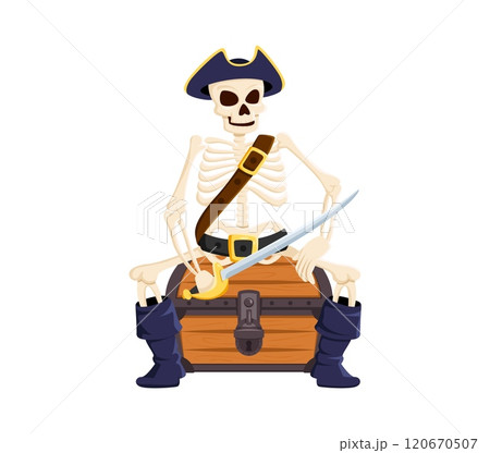 Cartoon skeleton pirate and corsair character sitting on treasure chest, sternly guarding his loot, adorned in a classic captain filibuster outfit with a cocked hat. Isolated vector Halloween skeleton Cartoon skeleton pirate and corsair character sitting on treasure chest, sternly guarding his loot, adorned in a classic captain filibuster outfit with a cocked hat. Isolated vector Halloween skeleton 120670507