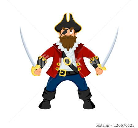 Cartoon pirate, corsair bandit comical character. Caribbean pirate ship skipper isolated vector personage, filibuster bandit captain or corsair sailor happy character with two swords and eye patch 120670523