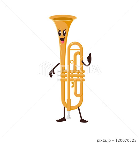 Cartoon funny trumpet musical instrument character. Isolated vector horn with happy face, wind instrument personage. Brass pipe for music school, educational classes for kids or concert performance 120670525