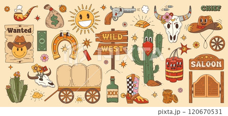 Wild West Western groovy characters and items. Cartoon funny cowboy hat, boots and Texas sheriff gun, bull skull, cactus and sun personages. Retro groovy saloon door, wanted poster and dynamite sticks Wild West Western groovy characters and items. Cartoon funny cowboy hat, boots and Texas sheriff gun, bull skull, cactus and sun personages. Retro groovy saloon door, wanted poster and dynamite sticks 120670531