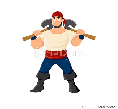 Cartoon pirate, corsair captain funny character. Filibuster bandit cheerful isolated vector personage, corsair sailor boatswain cute character or Caribbean pirate captain mascot holding two axes Cartoon pirate, corsair captain funny character. Filibuster bandit cheerful isolated vector personage, corsair sailor boatswain cute character or Caribbean pirate captain mascot holding two axes 120670592