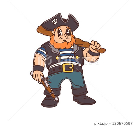 Cartoon pirate, corsair captain cute character. Corsair bandit crew skipper isolated vector funny personage, redhead Caribbean pirate boatswain or filibuster sailor captain with pistol and wooden club 120670597