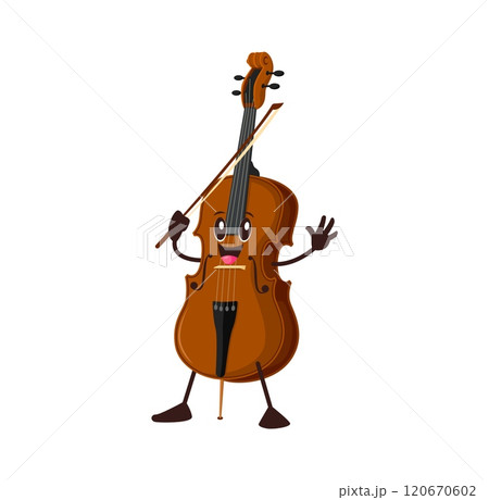 Cartoon funny contrabass, double bass musical instrument character. Vector string musician equipment personage with smiling face and bow in hand playing classic music. Educational classes for kids 120670602