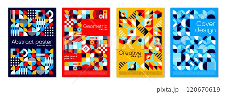 Abstract modern geometric Bauhaus posters set. Business presentation leaflets vector page with retro minimalism pattern. Corporate identity flyers or posters layouts with abstract geometrical shapes 120670619