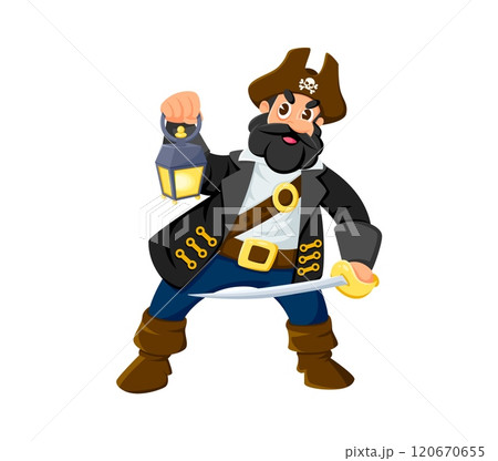 Cartoon pirate, privateer bandit cheerful character. Corsair sailor skipper cute isolated vector personage, filibuster bandit boatswain mascot or Caribbean pirate captain with sword and lantern Cartoon pirate, privateer bandit cheerful character. Corsair sailor skipper cute isolated vector personage, filibuster bandit boatswain mascot or Caribbean pirate captain with sword and lantern 120670655