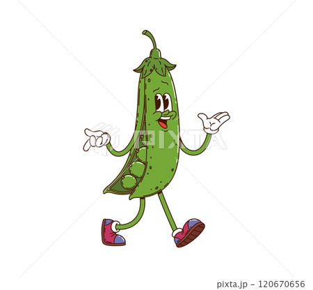 Cartoon groovy green pea vegetable character. Isolated vector green pod retro personage with expressive eyes, wearing vintage sneakers, walking and gesturing confidently with funky hippie y2k vibe Cartoon groovy green pea vegetable character. Isolated vector green pod retro personage with expressive eyes, wearing vintage sneakers, walking and gesturing confidently with funky hippie y2k vibe 120670656