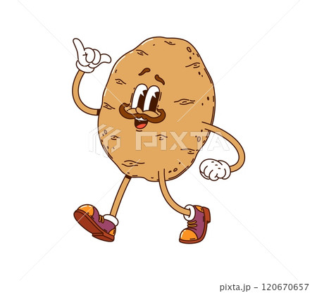 Cartoon groovy potato vegetable character. Isolated vector adorable ripe farm food personage wearing sneakers and gloves, with happy smiling face expression and mustaches, exudes retro funky vibe 120670657