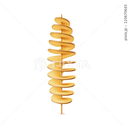 Realistic 3d raw and fried potato tornado vegetable snack. Isolated vector crispy, spiral cut delight. Traditional crunchy twisted chips snack on a stick. Fast food, street quick meal on a skewer 120670685