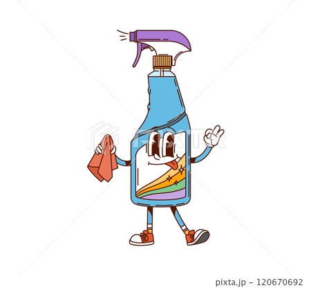Groovy spray bottle, cleaning, washing and household character with an expressive face and wipe in hand. Isolated cartoon vector detergent flask wearing sneakers ready for spraying and cleanup chores 120670692
