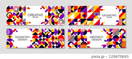 Business horizontal banners, abstract modern geometric Bauhaus pattern. Corporate identity or presentation vector banners, company promotion leaflets with abstract, geometrical shapes background 120670693