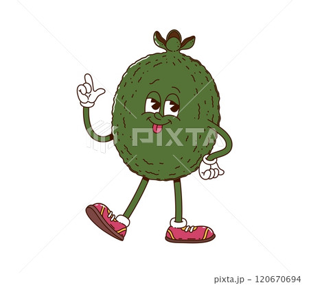 Cartoon groovy feijoa fruit character cheerfully smiling with happy expression and finger up gesture. Isolated vector funny tropical fruit retro personage exudes happiness and playful hippie vibe 120670694