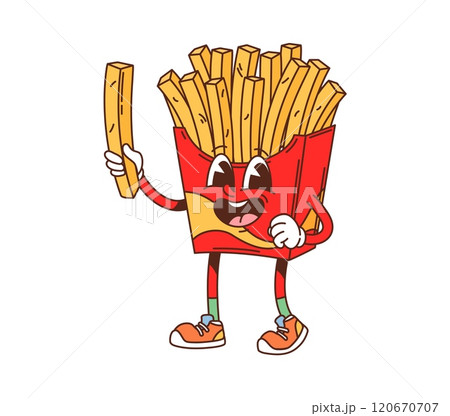 Cartoon groovy fast food french fries character. Takeaway restaurant meal funny retro personage, 60s 70s cartoon isolated vector character. Street cafe menu french fries snack box cheerful mascot Cartoon groovy fast food french fries character. Takeaway restaurant meal funny retro personage, 60s 70s cartoon isolated vector character. Street cafe menu french fries snack box cheerful mascot 120670707