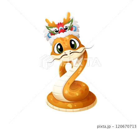 Cartoon snake character wearing traditional Chinese dragon headpiece, celebrating spirit of Chinese New Lunar Year 2025. Isolated vector reptile animal with playful expression convey joy and festivity 120670713