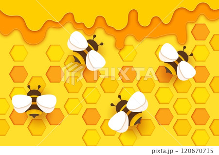 Paper cut honeycombs and honey bee vector background. Hive combs and beehive hexagon cells 3d paper cut layered banner with border of yellow honey dripping flow and origami bees, beekeeping farm food 120670715