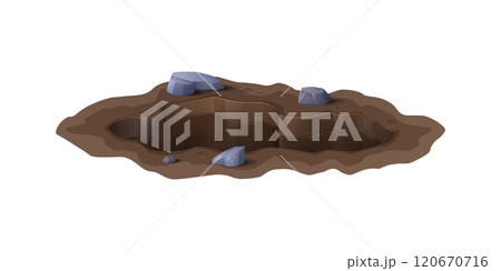 Cartoon deep dirty pit or burrow with hole in ground soil, vector icon. Underground manhole or deep dig burrow in ground with stone rocks or pebbles on edges and hollow pit hole in isometric view 120670716