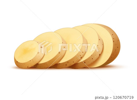 Realistic 3d raw sliced potato vegetable features a crisp texture and pale, creamy color, ready for cooking salads, fries, gratins and roasts. Isolated vector natural starchy food, culinary ingredient 120670719
