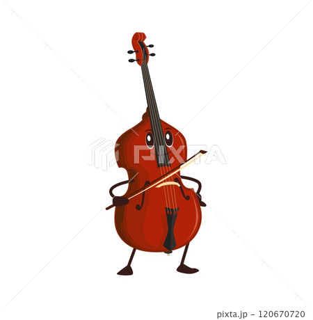Cartoon funny contrabass, double bass character with expressive face and bow in hand. Isolated vector musical string instrument personage with smiling face playing classic music on philharmonic stage 120670720