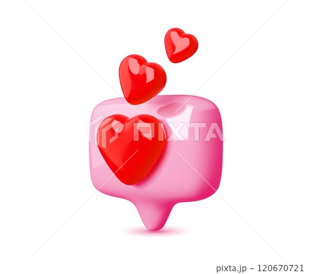 3d social media love heart bubble vector icon. Like message, social media comment or network notification, post or chat reaction button of square glossy pink speech bubble and red love hearts 120670721